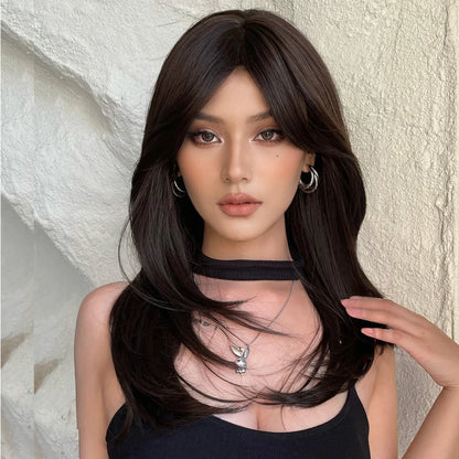 Dark Brown Black Synthetic Wigs Long Straight Layered Wig with Bangs Cosplay Party for Women Afro Natural Heat Resistant Hair