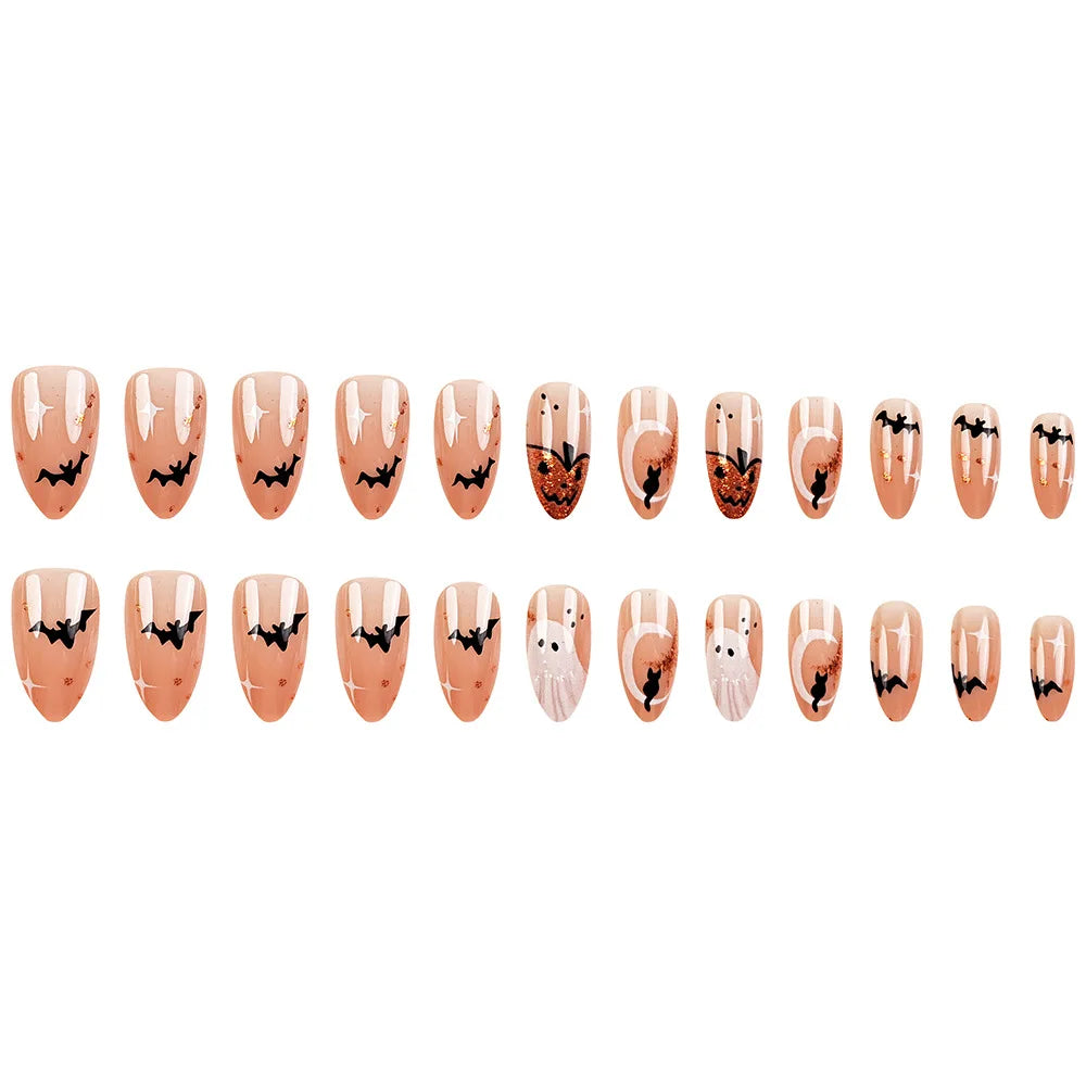 24 Pcs Halloween Nails Press on Bat Ghost Pumpkin Nail Tips Self-adhesive Almond Fake Nails Aesthetic Glued Nails Removable 2025