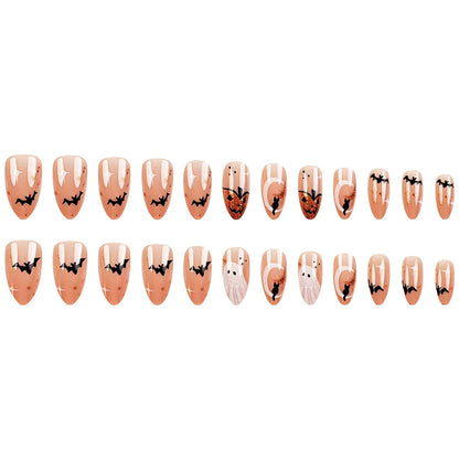 24 Pcs Halloween Nails Press on Bat Ghost Pumpkin Nail Tips Self-adhesive Almond Fake Nails Aesthetic Glued Nails Removable 2025