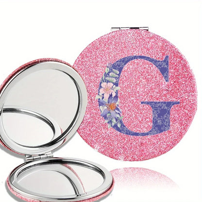 Women Folding Makeup Mirror Facial Beauty Makeup Care Tool Durable PU Surface Waterproof Ideal Party Gift Pink Flower Pattern