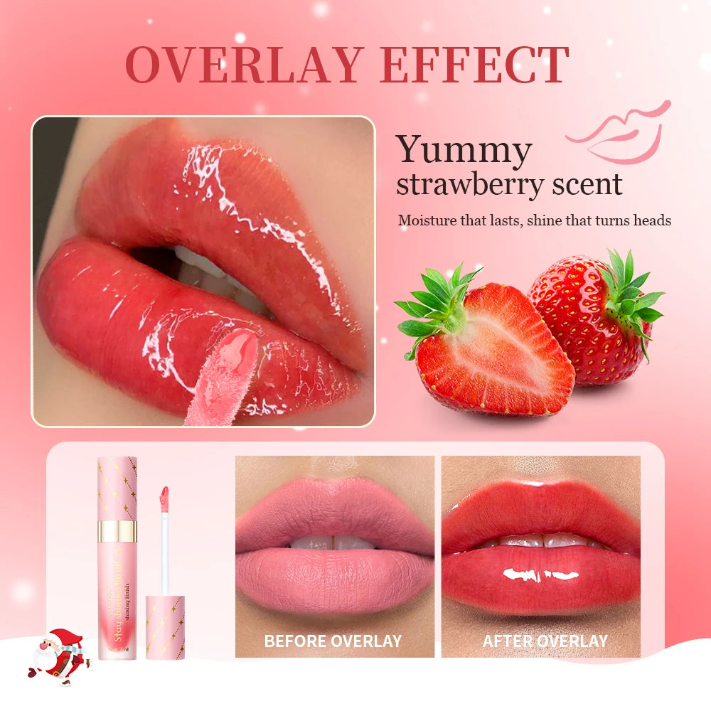 Christmas Gift 3Pcs Glossy Lip Gloss Set Strawberry Lip Balm And Lip Gloss Combo Long Lasting Hydrating Plump Lips