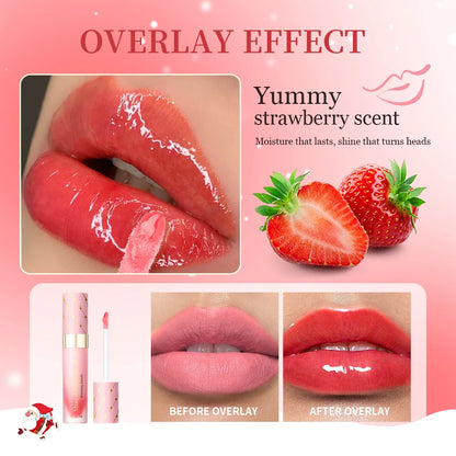 Christmas Gift 3Pcs Glossy Lip Gloss Set Strawberry Lip Balm And Lip Gloss Combo Long Lasting Hydrating Plump Lips
