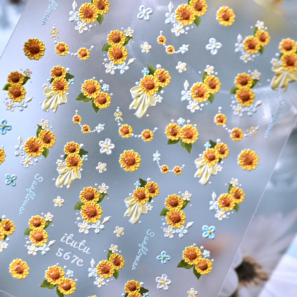 1 Sheet 5D Embossed Sunflower Nails Sticker Cute Spring Summer Floral Nail Decals Self-Adhesive Sunflower Nail Supplies DIY SW2$
