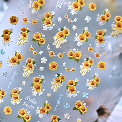 1 Sheet 5D Embossed Sunflower Nails Sticker Cute Spring Summer Floral Nail Decals Self-Adhesive Sunflower Nail Supplies DIY SW2$