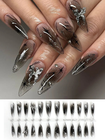 Black Cool Fake Nails Halloween Bat Press on Nails Almond Decorated Nail Tips Rivet Bow False Nails 24pcs Reusable Acrylic Nails
