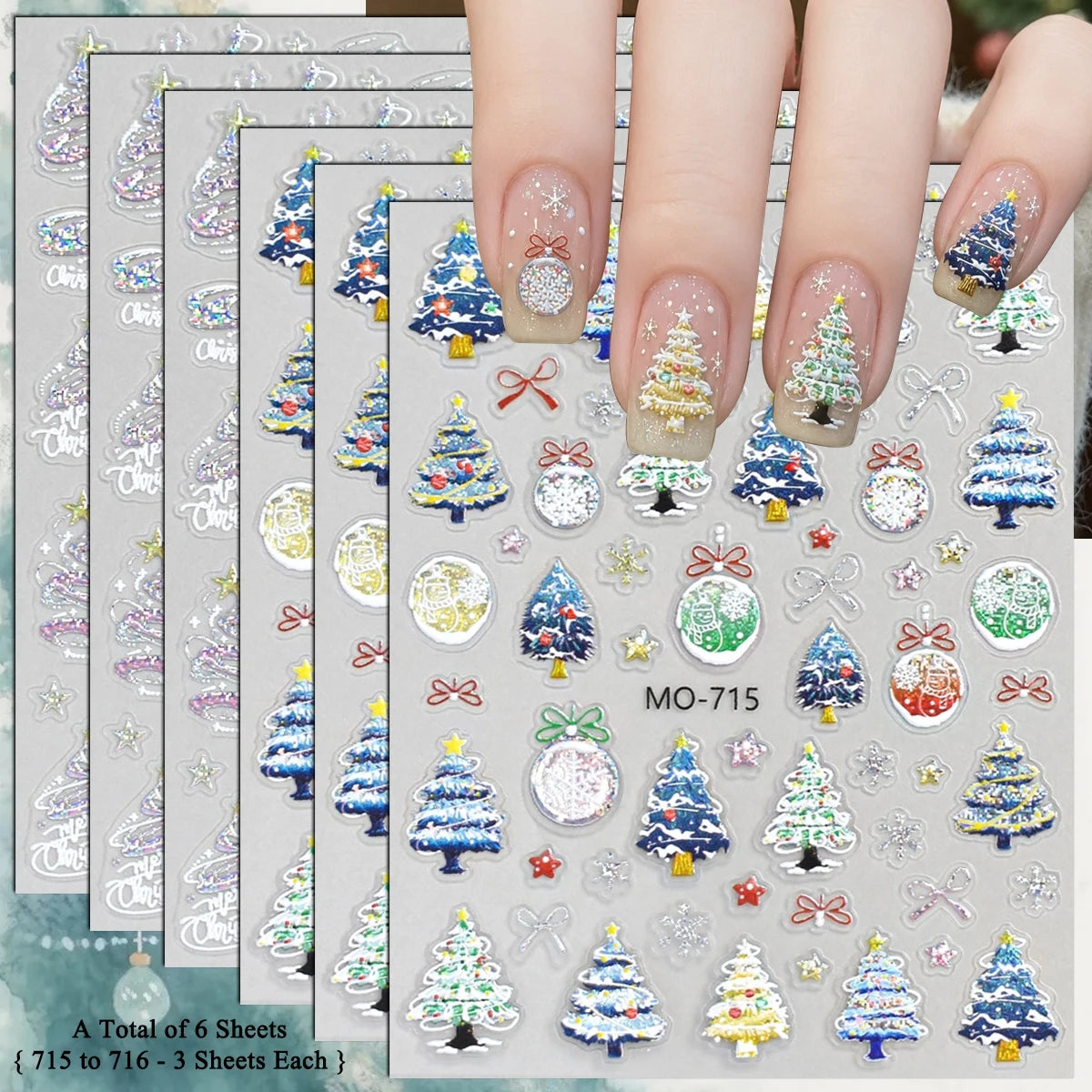 3 to 12 Sheets 5D Holographic Christmas Tree Snowflake Ornament Wreath Reindeer Glitter Self-Adhesive Nail Art Stickers