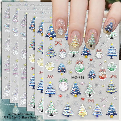 3 to 12 Sheets 5D Holographic Christmas Tree Snowflake Ornament Wreath Reindeer Glitter Self-Adhesive Nail Art Stickers