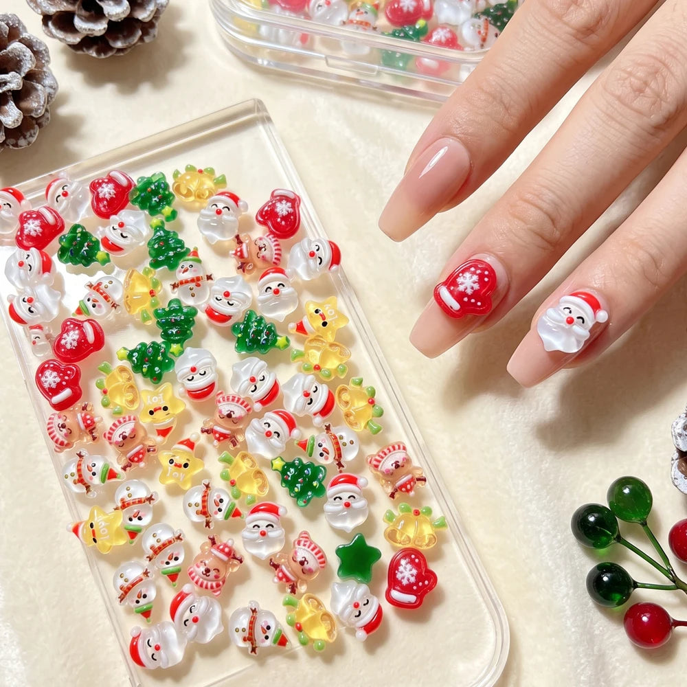 12grid 3D Kawaii Christmas Nail Charms Cute Santa Claus Snowman Bell Stocking Elk Wreath Nail Gems Resin Xmas Manicure Carft D2$