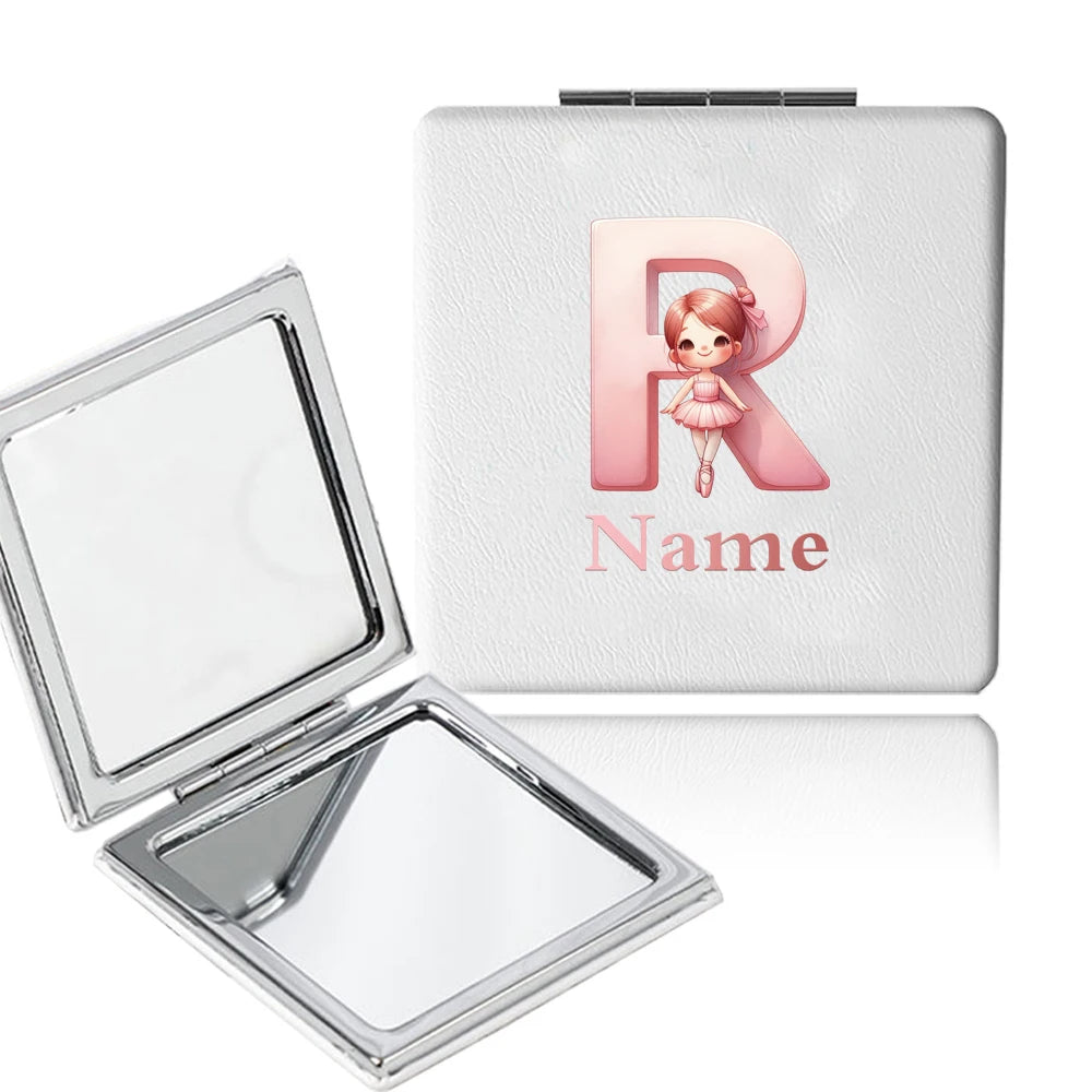 Customized Name PU Handheld Makeup Mirror Cover Dressing Double-Sided Portable Foldable Pocket Cosmetic Mirror