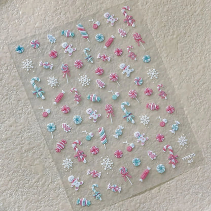 Cute Cartoon Christmas 5D Nail Stickers Red White Candy Cane Mint Cookie Gingerbread Man Snowflake Self Adhesive Nail Decals