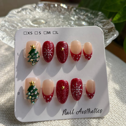 Handmade Short Almond Press On Nails Red Glitter Christmas False Nails Rhinestone Christmas Tree Snowflake Design Reusable 10Pcs
