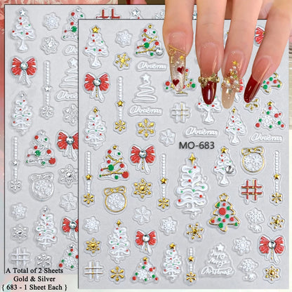 2 to 12 Sheets 5D Gold Silver Christmas Nail Decals Crystal Rhinestone Snowflake Xmas Tree Self Adhesive Nail Art Stickers