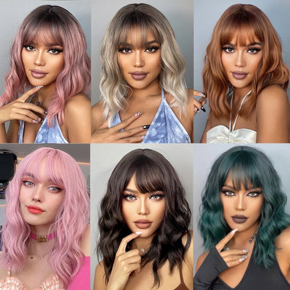 Short Bob Synthetic Wig Ombre Brown Wavy Hair Wigs With Bangs for Black Women Medium Cosplay Daily Natural Hair Heat Resistant