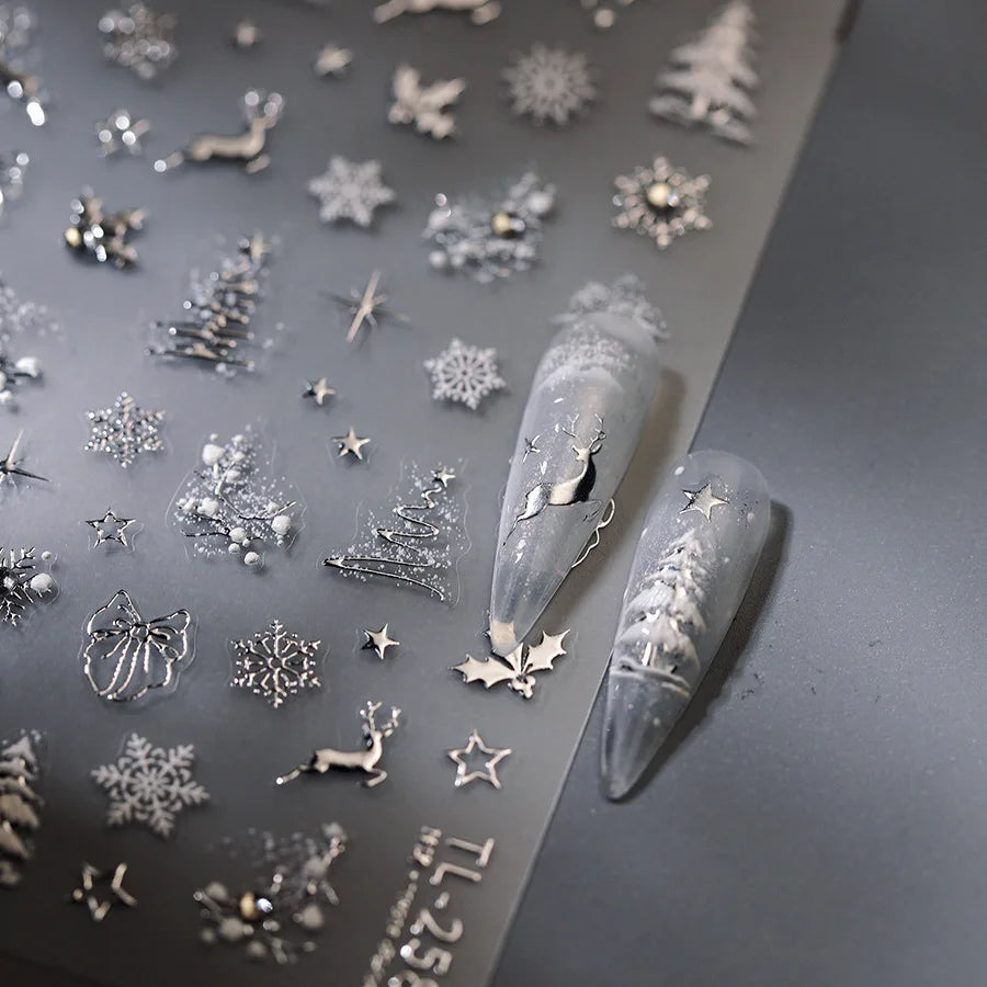 Luxury Gold Silver Nail Stickers Christmas Tree Elk Snowflake Bow Pattern Nail Stickers Self adhesive Decoration Accessories DIY