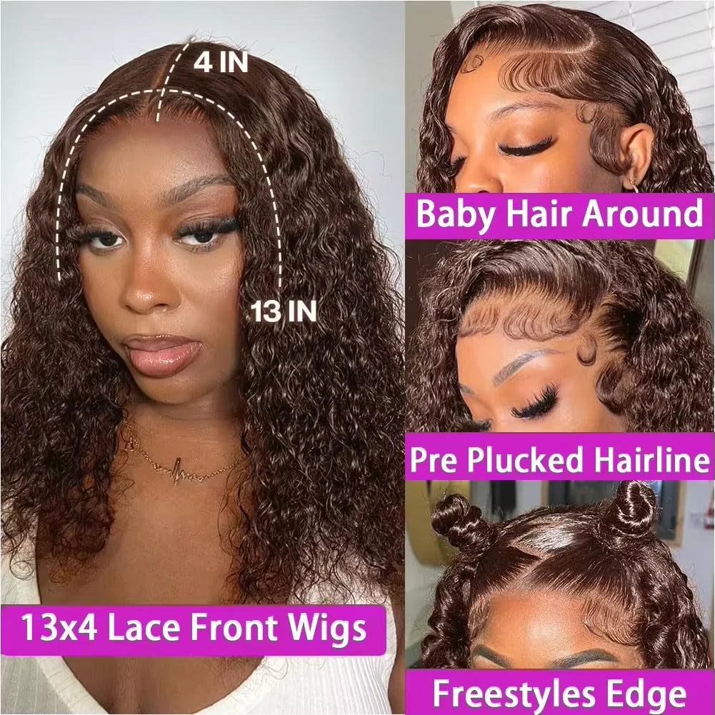 Chocolate Brown 200% Density Deep Curly 13x4 Lace Frontal Bob Wig Water Wavy Human Hair Wigs Pre Plucked Virgin Wet And Hair #4