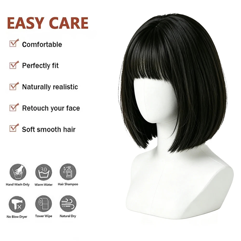 Natural Black Brown Bob Wigs Short Straight with Blunt Bangs Soft Synthetic Hair Heat Resistant For Women Cosplay Daily Wear