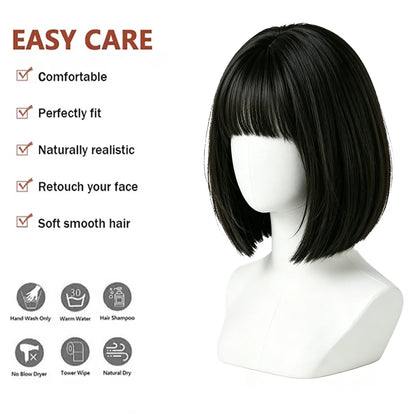 Natural Black Brown Bob Wigs Short Straight with Blunt Bangs Soft Synthetic Hair Heat Resistant For Women Cosplay Daily Wear