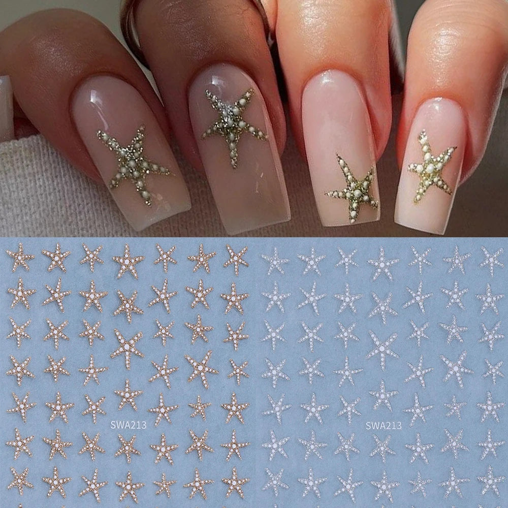 2pcs Summer Sea Star Nail Art Stickers Gold Silver Glitter Shell Starfish Nail Decals for DIY Manicure Soap Nail Decorations