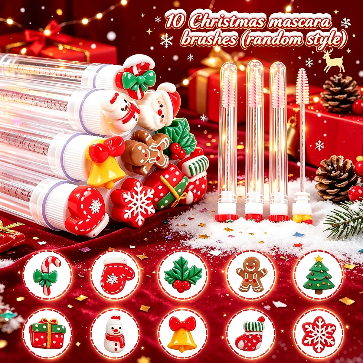 10Pcs Xmas Mascara Wands Spoolies Eyelash Extension Brush Disposable Eyebrow Comb Eye Lash Makeup Tools Christmas Gift for Women