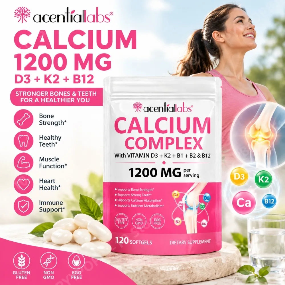 Calcium 1200mg D3 K2 B12 Softgels for Bone Strength, Teeth, Muscle, Heart & Immune Health, Gluten Free & Non-GMO, 120 Softgels