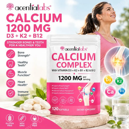 Calcium 1200mg D3 K2 B12 Softgels for Bone Strength, Teeth, Muscle, Heart & Immune Health, Gluten Free & Non-GMO, 120 Softgels
