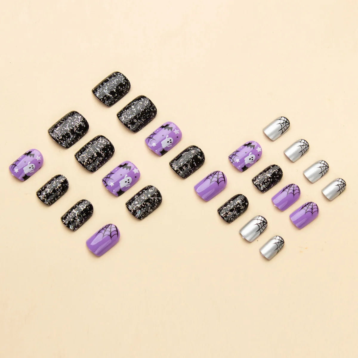 24Pcs Square Short Coverage Press On Nails Halloween Purple Shinne Funny Fake Nails Cute Ghost Reusable False Nail Star Wear