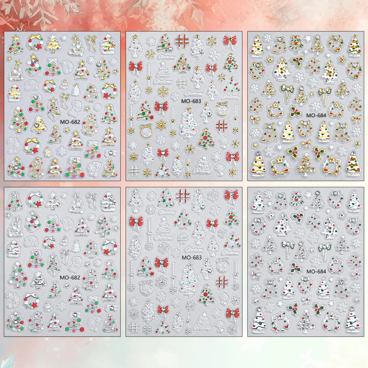 2 to 12 Sheets 5D Gold Silver Christmas Nail Decals Crystal Rhinestone Snowflake Xmas Tree Self Adhesive Nail Art Stickers