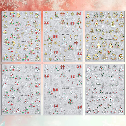 2 to 12 Sheets 5D Gold Silver Christmas Nail Decals Crystal Rhinestone Snowflake Xmas Tree Self Adhesive Nail Art Stickers