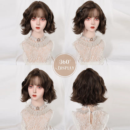 Curly Short Bob Brown Wavy Synthetic Wigs with Bangs Lolita Cosplay Brown Wig for Women Natural Daily Party Hair Heat Resistant