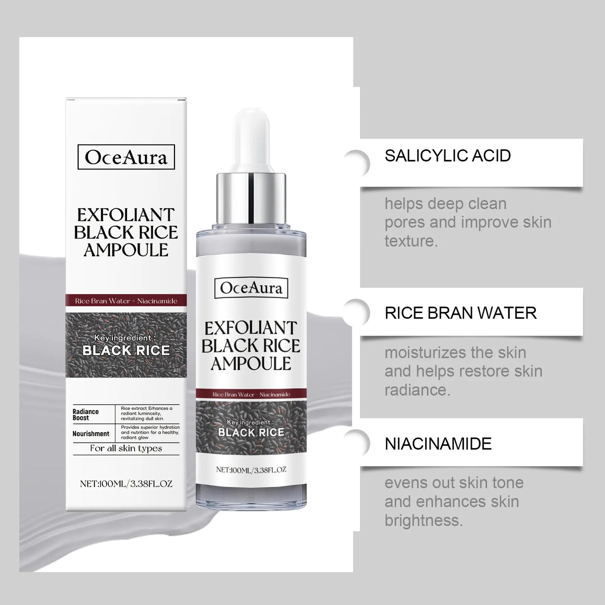 Black Rice Exfoliant Ampoule with Niacinamide & Rice Bran Water, Gentle Brightening Face Serum, Radiance Boost Nourishing Facial Ampoule for Revitalizing Dull Skin, All Skin Types 100ml