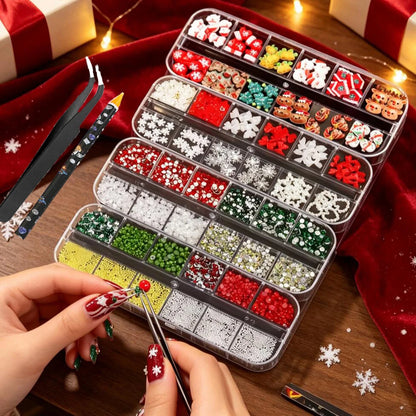 4Box Christmas Nail Charms 3D Snowman Santa Claus Elk, White Snowflakes Red Bow Red & Green Rhinestones Metal Caviar Beads Nails