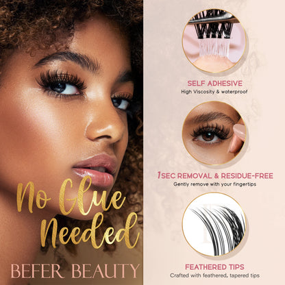 Befer Self-Adhesive False Eyelashes Glue-Free Lash Clusters Makeup D Curl Fluffy Manga Natural Soft Lash For Beginners Easy
