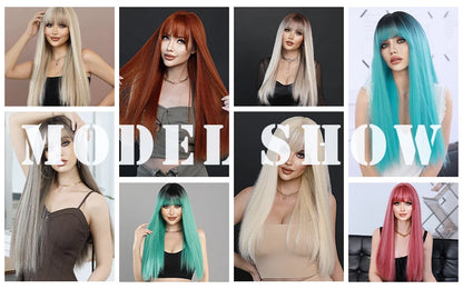 Long Straight Light Blonde Wig for Women Daily Party Highlight Brown Synthetic Layered Hair Wigs with Bangs Halloween Cosplay