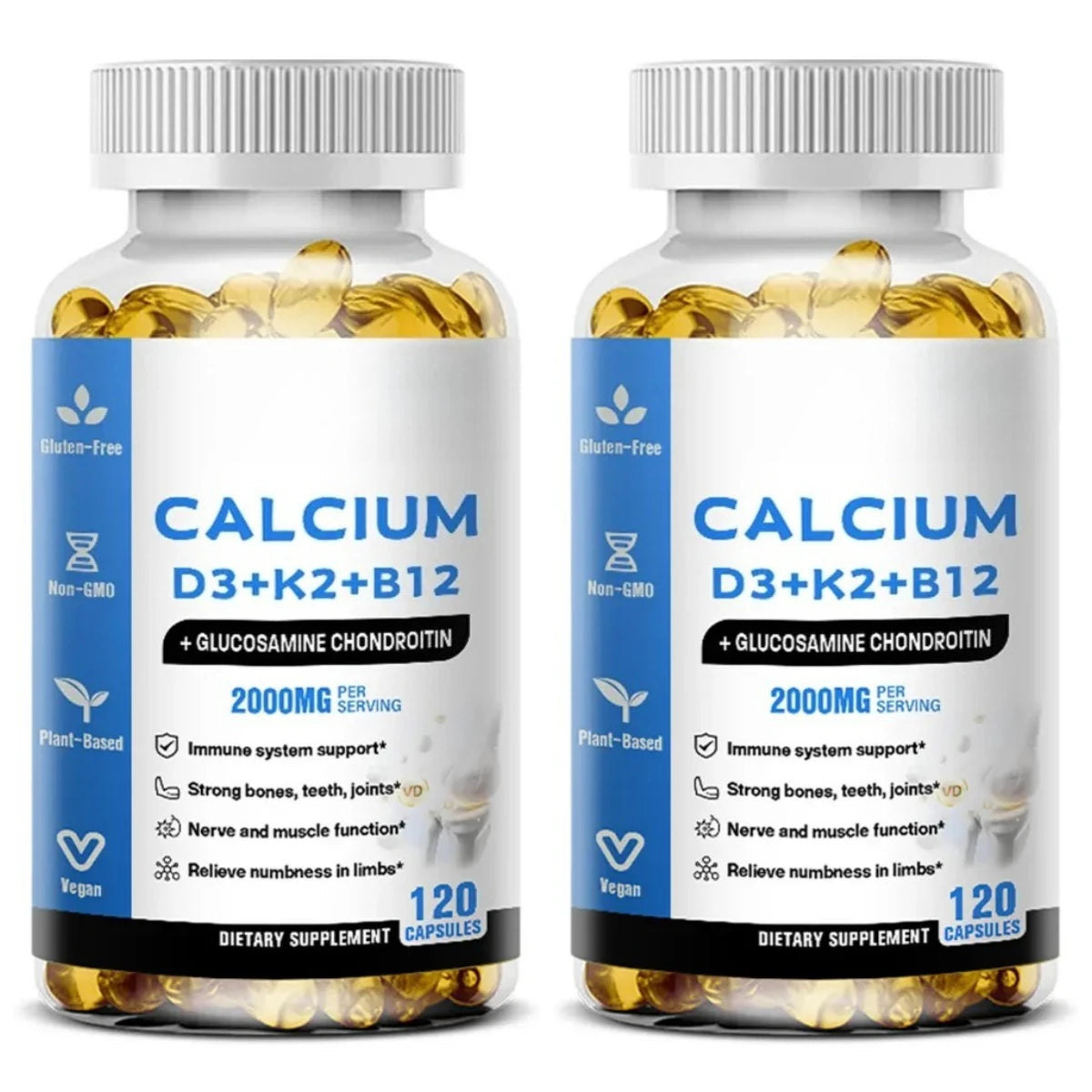 Calcium D3 K2 B12 Capsules for Bone, Teeth & Joint Support, Muscle, Immune & Nerve Health, Gluten-Free & Non-GMO, 120 Capsules