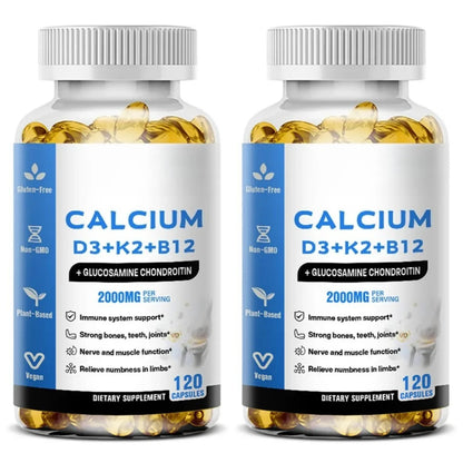Calcium D3 K2 B12 Capsules for Bone, Teeth & Joint Support, Muscle, Immune & Nerve Health, Gluten-Free & Non-GMO, 120 Capsules