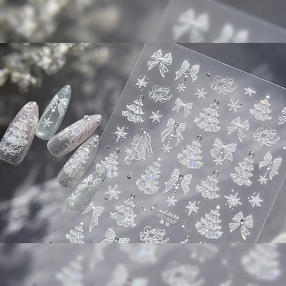 Winter Christmas 5D Nails Sticker White Lace Christmas Tree Bow Snowflake Pattern Self-Adhesive Nail Art Decorations Decals DIY