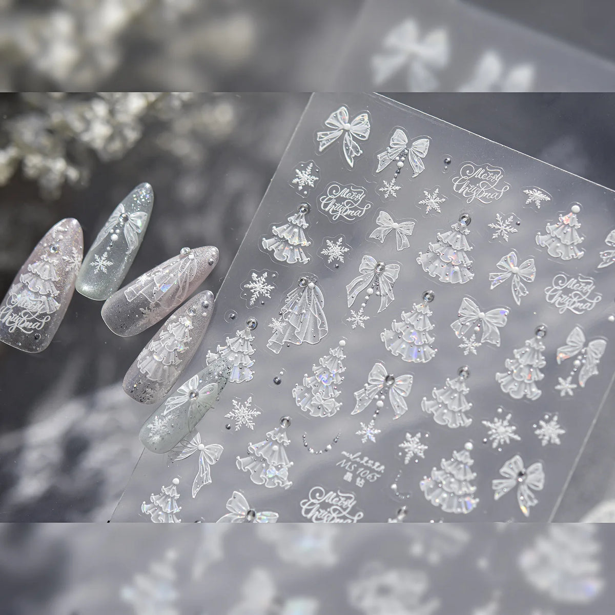 Winter Christmas 5D Nails Sticker White Lace Christmas Tree Bow Snowflake Pattern Self-Adhesive Nail Art Decorations Decals DIY