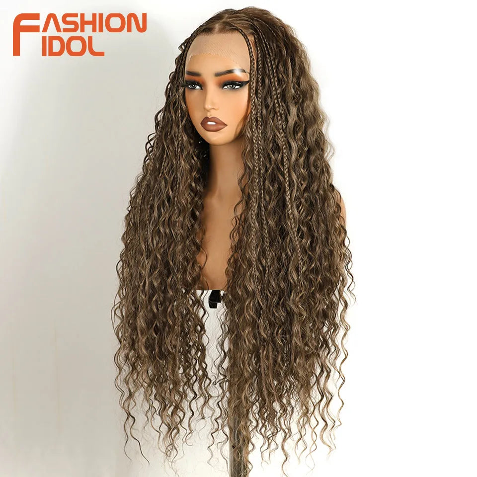 FASHION IDOL Twist Box Braided Lace Wigs Synthetic Brown 13X4 Lace Frontal Wigs For Black Women Goddess Faux Locs Braids Wigs