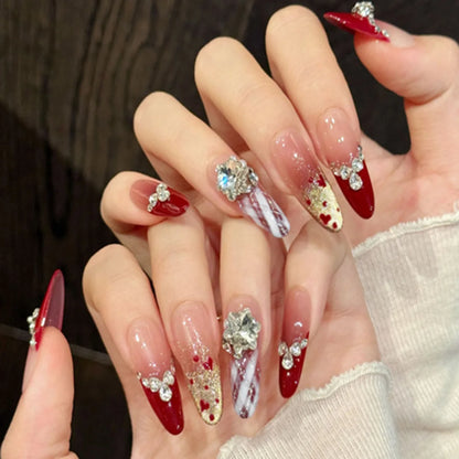 24Pcs Christmas Mid-length Almond Fake Nail Acrylic Full Cover Golden Snowflake Bow Nail Set Press on Red Gradient False Nails