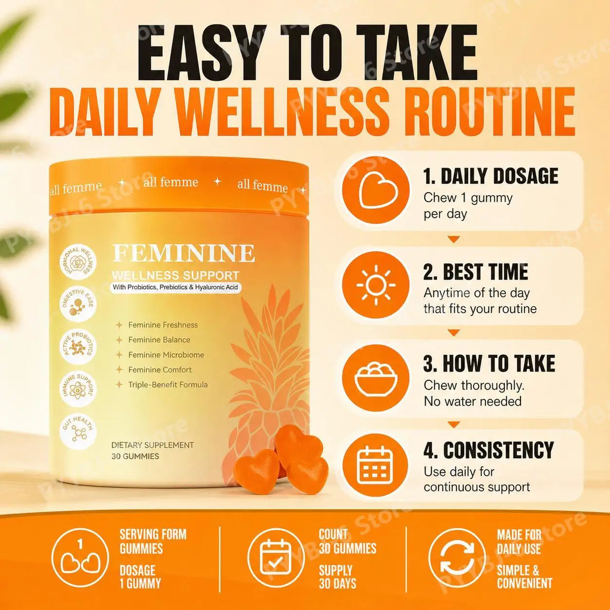 Women's Feminine Wellness Support Gummies with Vitamin B6, Zinc, Inulin & Hyaluronic Acid, for Digestive Balance, 30 Gummies
