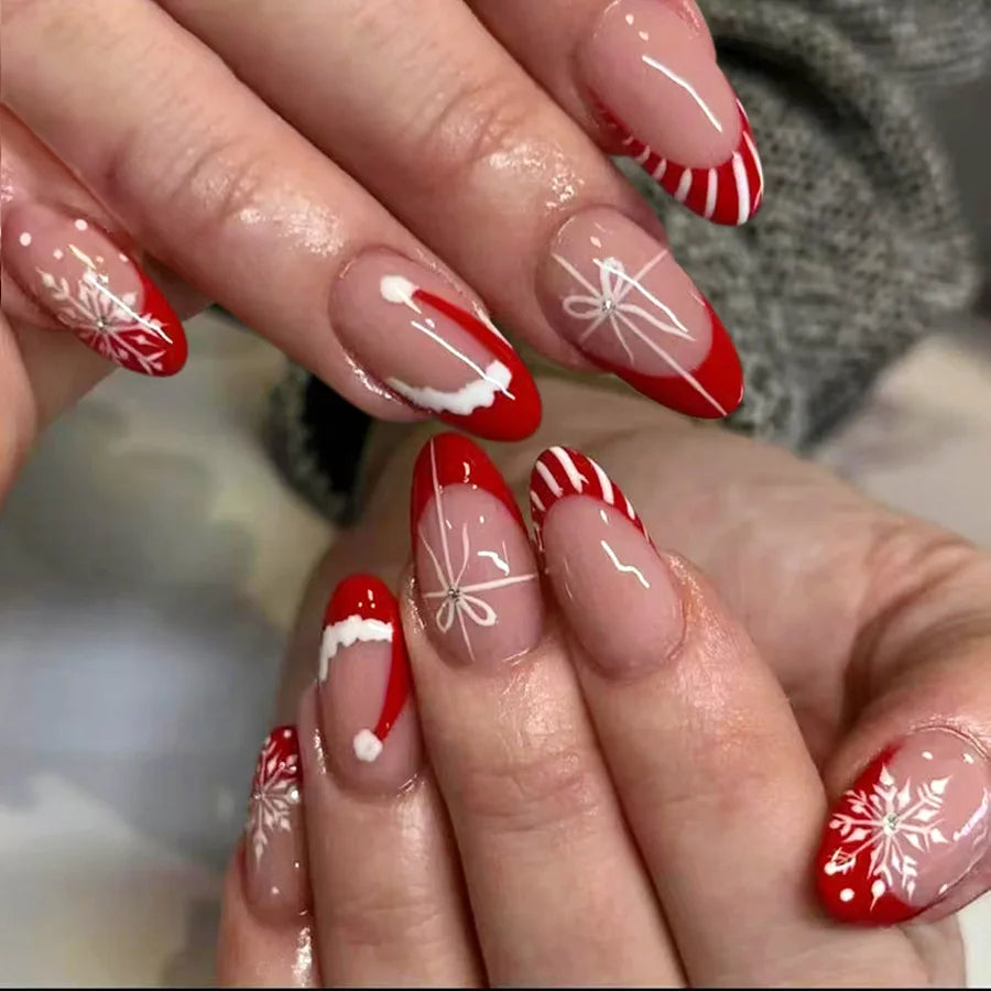 24PCS Red French Pointed Nails Christmas Fake Nails With Snowflake Christmas Hat Design, Artificially Adhered To The Nails