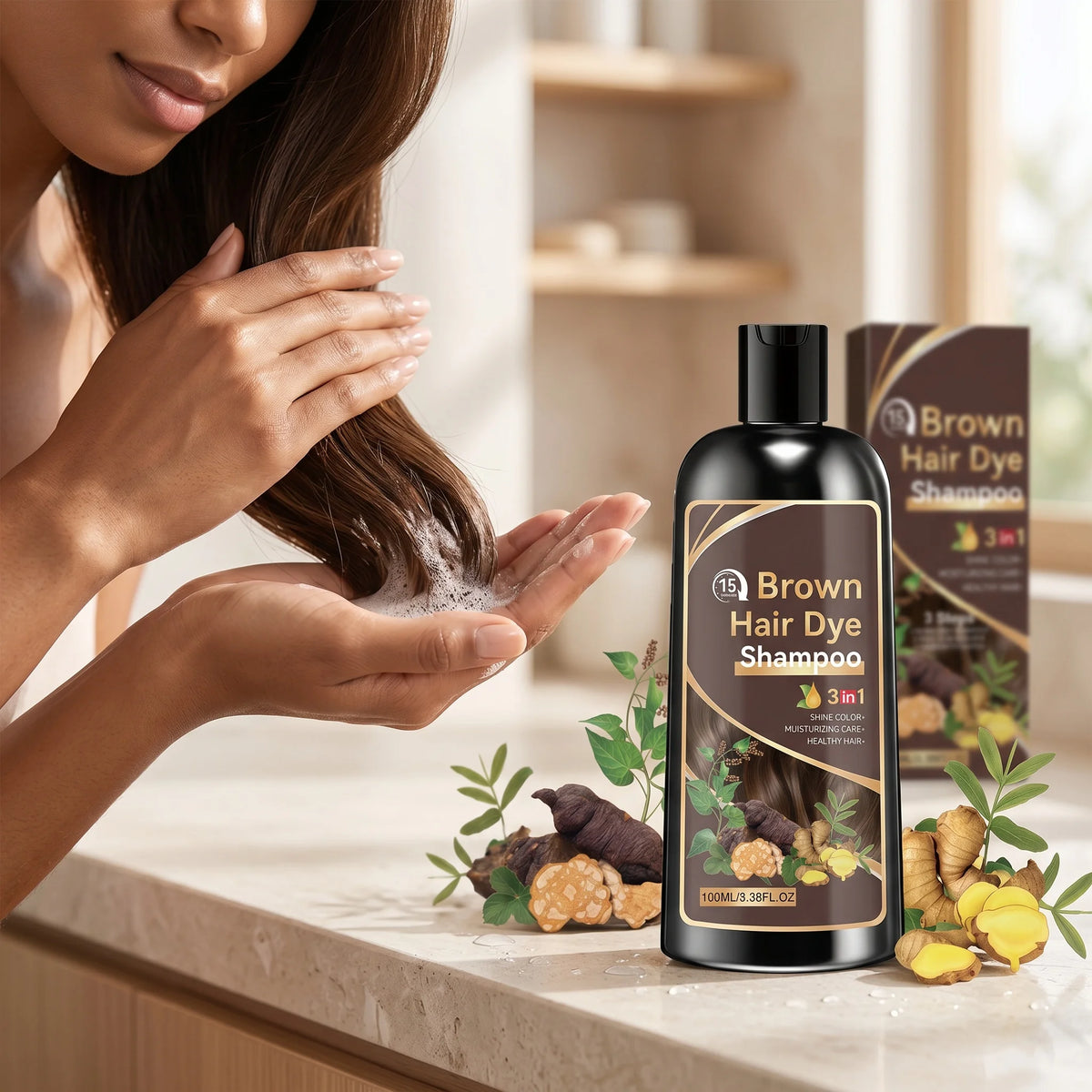 Natural Plant-Based Hair Coloring Shampoo Moisturizing Coverage Gray Hair Long-Lasting Black Color 3 in 1 Black Hair Dye Shampoo