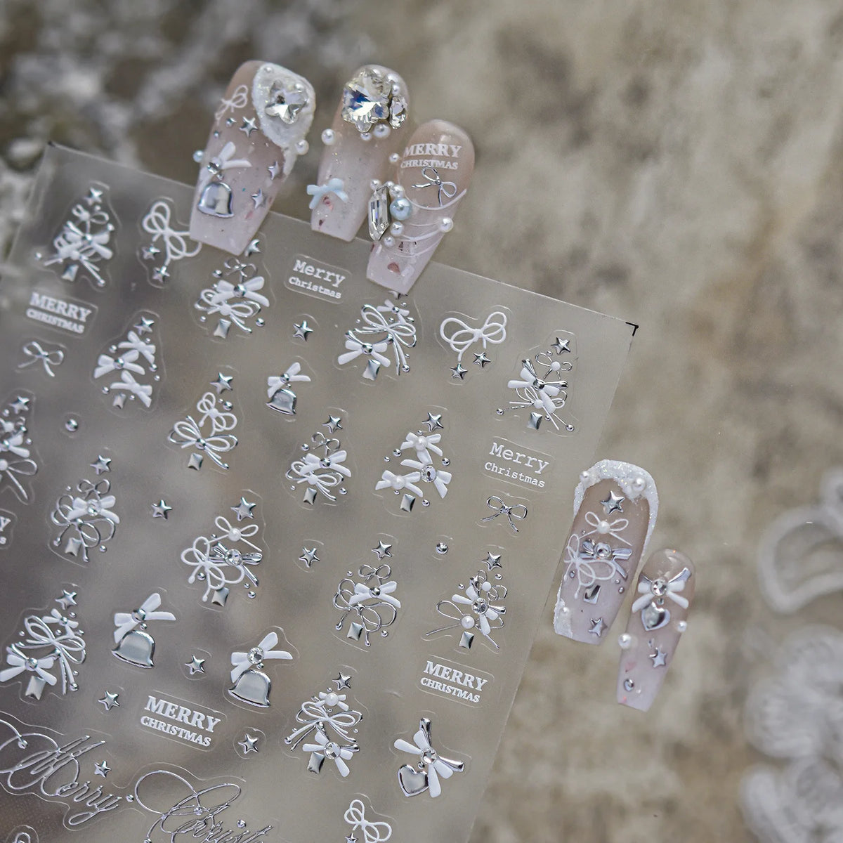 Luxury Winter Silver Crystal Christmas Nail Stickers Bow Star Pattern Nails 3D Decoration 3D Self Adhesive Nail Art Sticker DIY