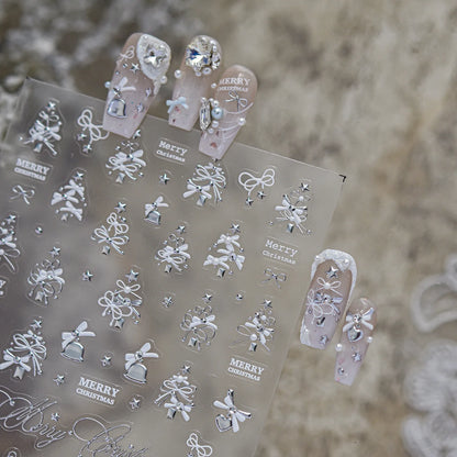 Luxury Winter Silver Crystal Christmas Nail Stickers Bow Star Pattern Nails 3D Decoration 3D Self Adhesive Nail Art Sticker DIY