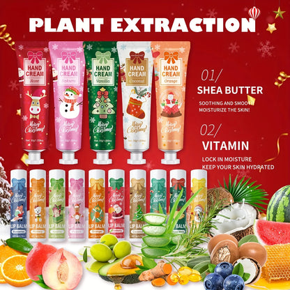 10 Sets per Box. Mixed Lip Balms and Hand Creams, Richly Moisturizing. Perfect for Christmas Giveaways and New Year Gifts.