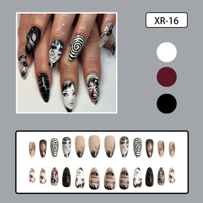 24pcs Black Spider Fake Nails Y2K Punk Style Girls Painted False Nails Full Cover Wearable Japanese Almond Press On Nails Tips
