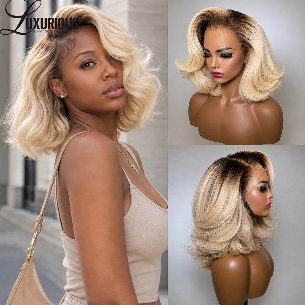 Luxurious #4/613 Blonde Wave Bob 13x4 Lace Front Human Hair Wigs For Women 5x7 Glueless Transparent Closure Wig Preplucked Wigs
