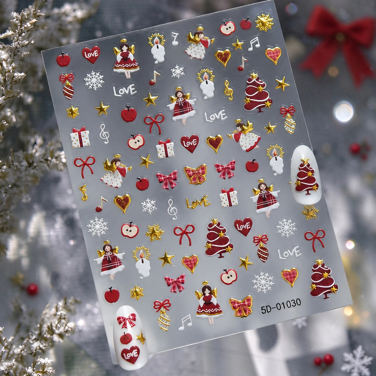 1pcs Gold-foiled Christmas Tree 5D Nail Stickers Bow Holly Snowflake Wreath Christmas Nail Decals Cartoon Merry Christmas Decora