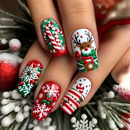 24Pcs Fake Nails, Christmas Theme Manicure, Cute Snowman Nail Tips, Luxurious And Elegant Style, Suitable For Parties, Gatherings, And Daily Wear