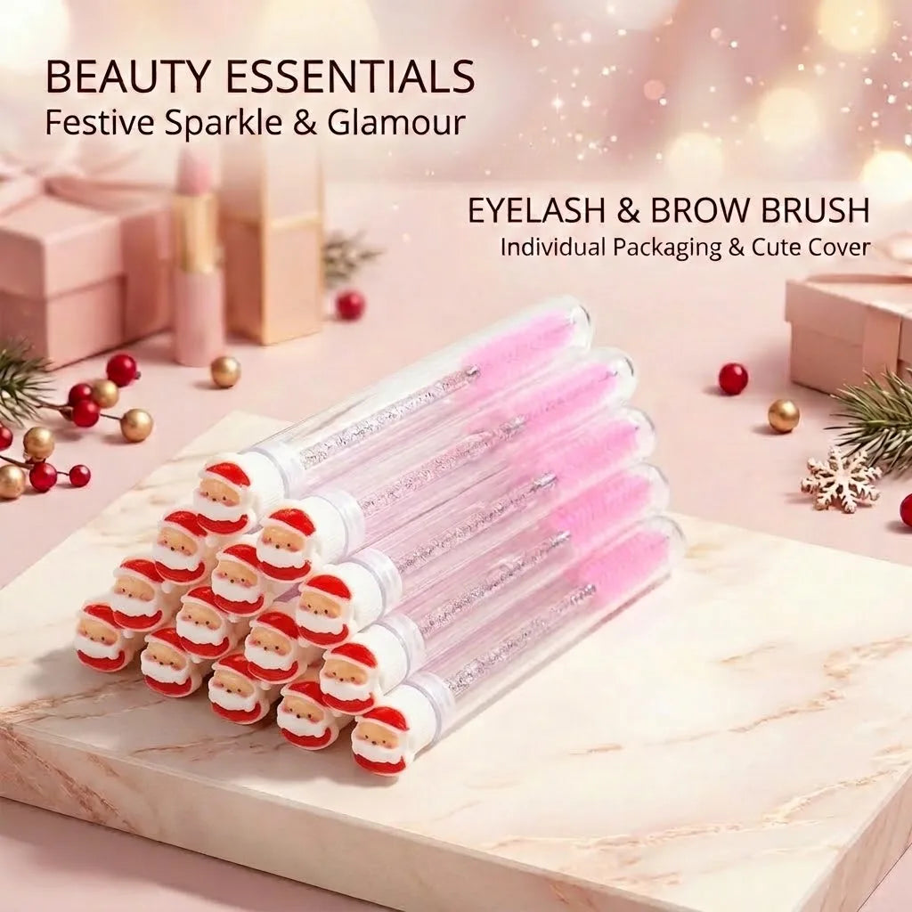 10pcs Christmas Mascara Eyelash Brush in Tube with Santa Claus Cap, Dust-Proof Reusable Mascara Wand Lash Applicator Makeup Tool